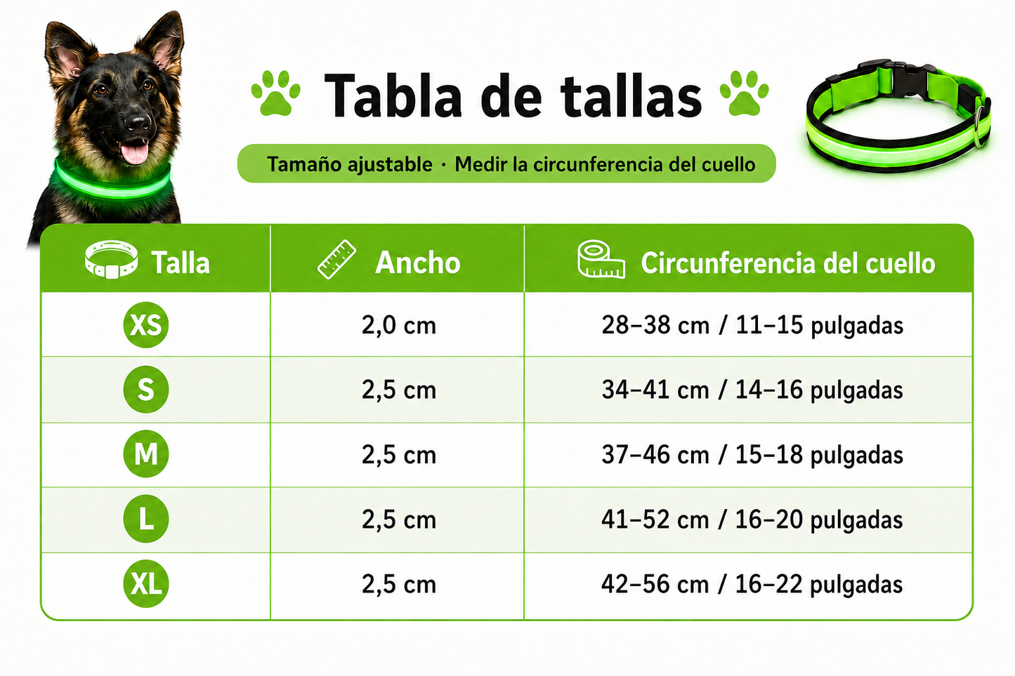Collar LED Recargable USB para Perros — 5 Modos, Luz Nocturna Antipérdida
